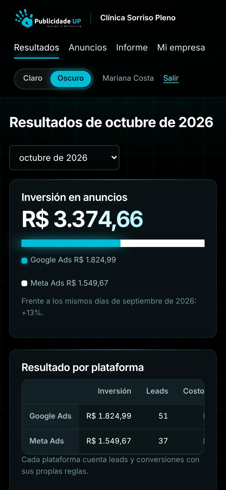 Pantalla de resultados en el celular